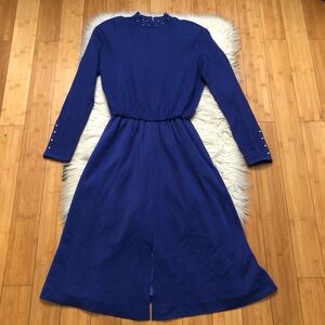 Vintage 70s 80s CIAO Ltd Wool Preppy Gold Stud Cobalt Midi Knot Sweater Dress 12
